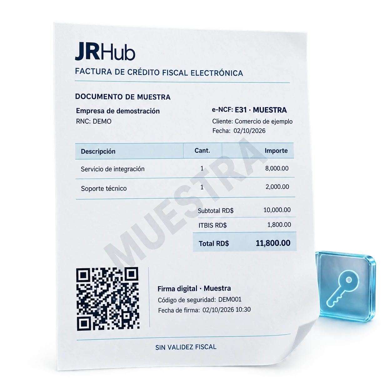 Factura de crédito fiscal de muestra con partidas, ITBIS, total, QR, código de seguridad y fecha de firma digital. Sin validez fiscal.