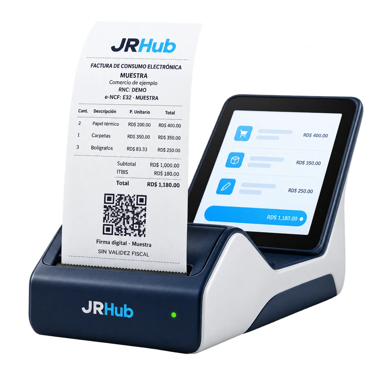 Terminal de punto de venta con un comprobante de consumo electrónico de muestra, detalle de productos y QR. Sin validez fiscal.