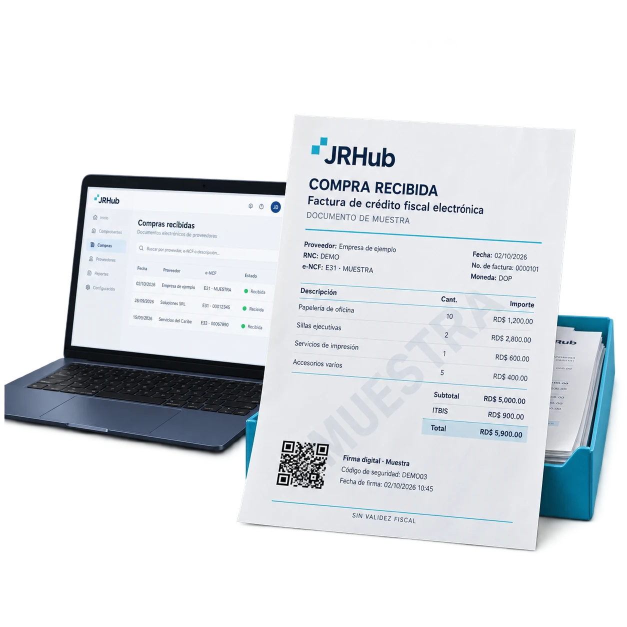 Ilustración de recepción de compras en una computadora junto a una factura de muestra con sus partidas, QR y datos de firma. Sin validez fiscal.